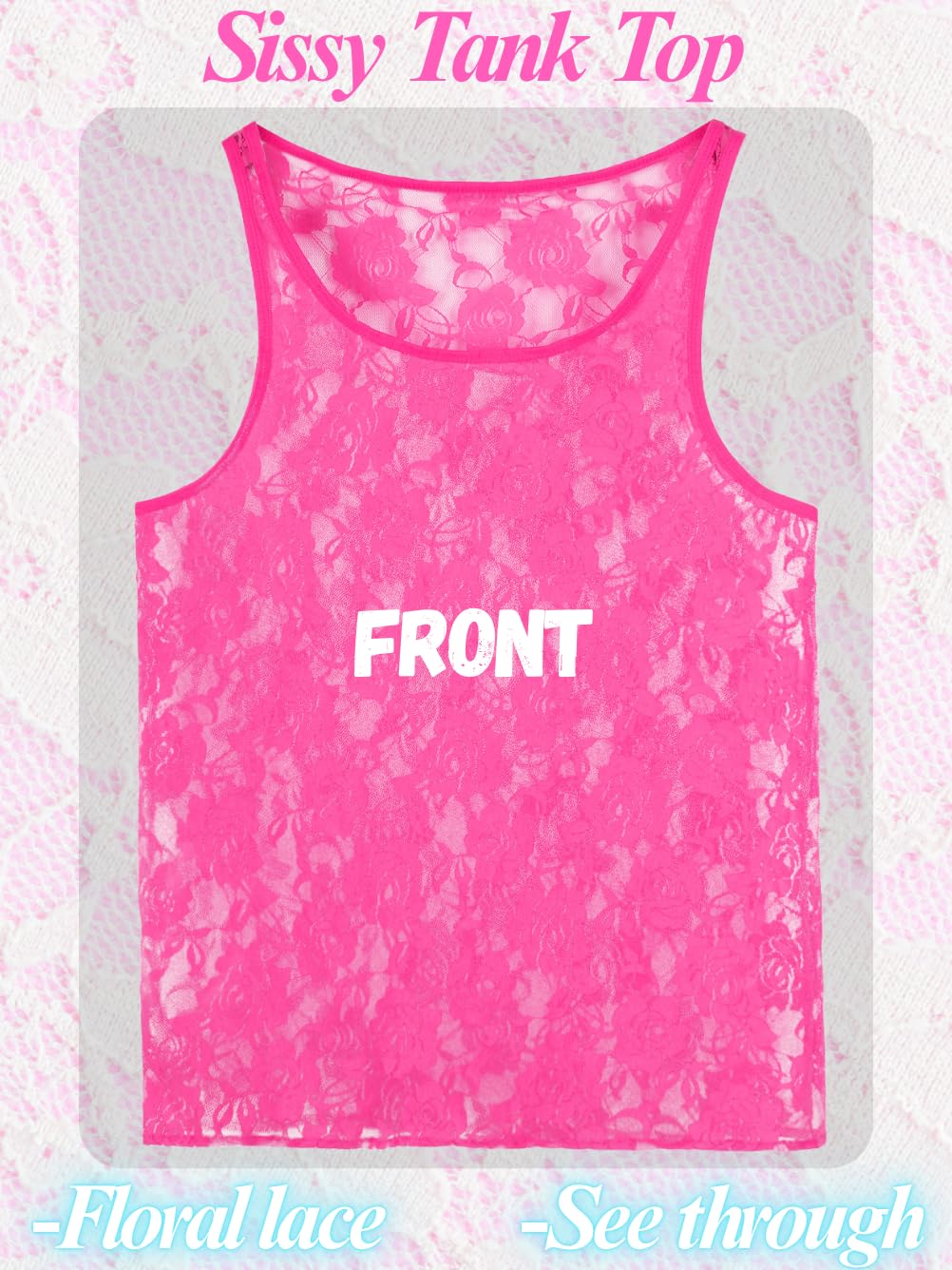 Men Sexy Lace Tank Top, Sheer Mesh Shirt Sissy Clothes Hot Pink M