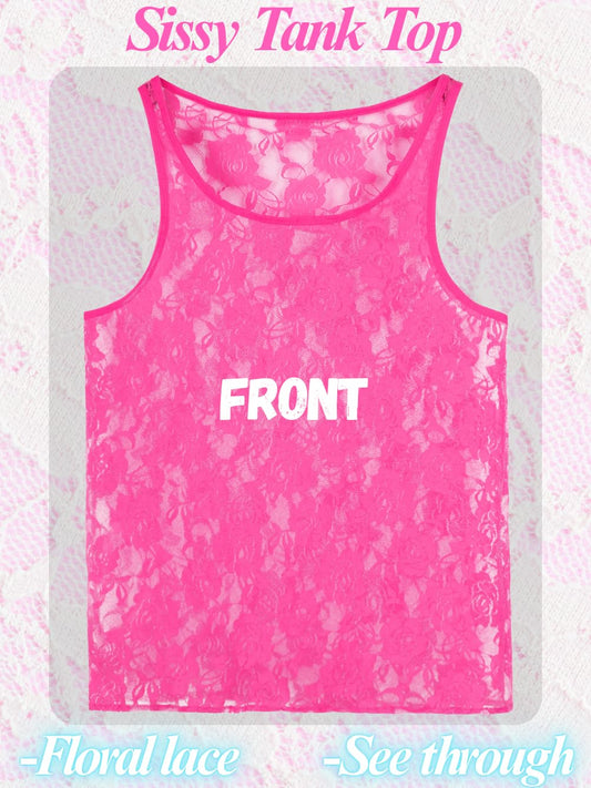 Men Sexy Lace Tank Top, Sheer Mesh Shirt Sissy Clothes Hot Pink M