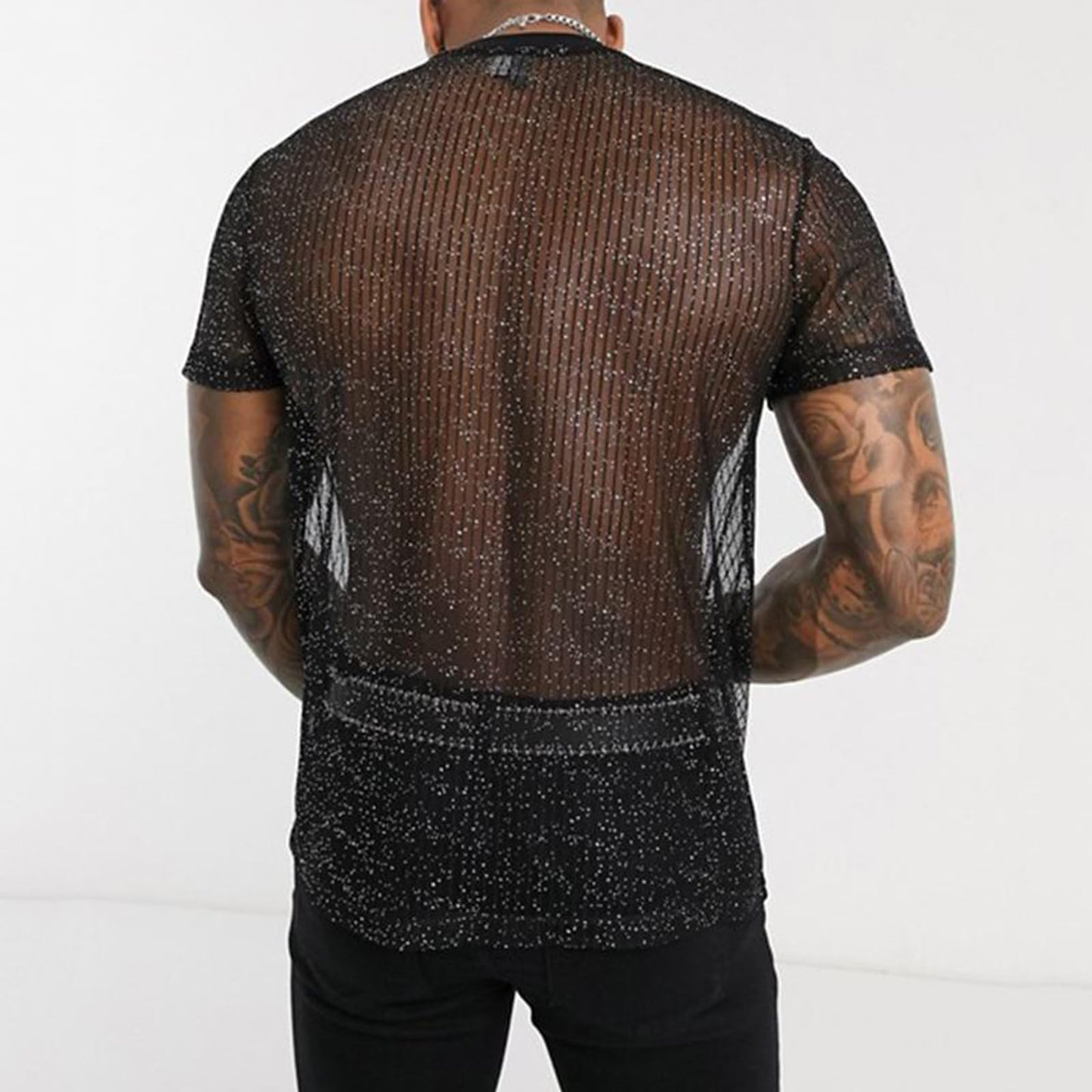 Evankin Mens Sexy Glitter Shirt Top See Through Lace Short Sleeve T-Shirt Sheer Mesh Undershirts to Show Muscle(Black, L)