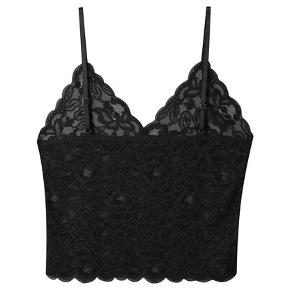 Men’s Lace Cami Top Floral Sheer Camisole Ruffle V-Neck Sleeveless Shirt See Through Undershirt Black Medium
