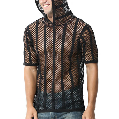 SUMABA Men's Sexy Fishnet Black Mesh Shirt Men Short Sleeve See Through Sheer Hoodies Pullover, Black M