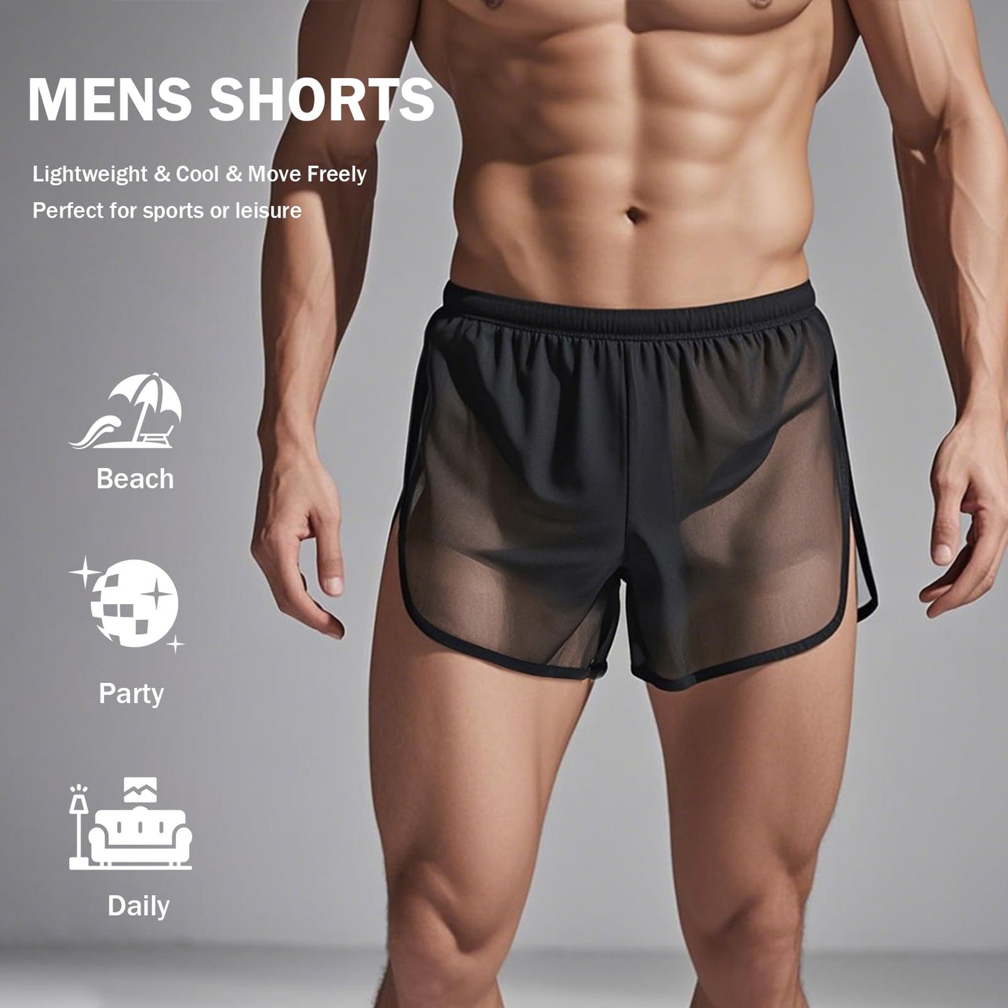 YINYOUYU Mens Sexy Mesh See Through Shorts Underwear Loose Sheer Breathable Boxers Short M Black