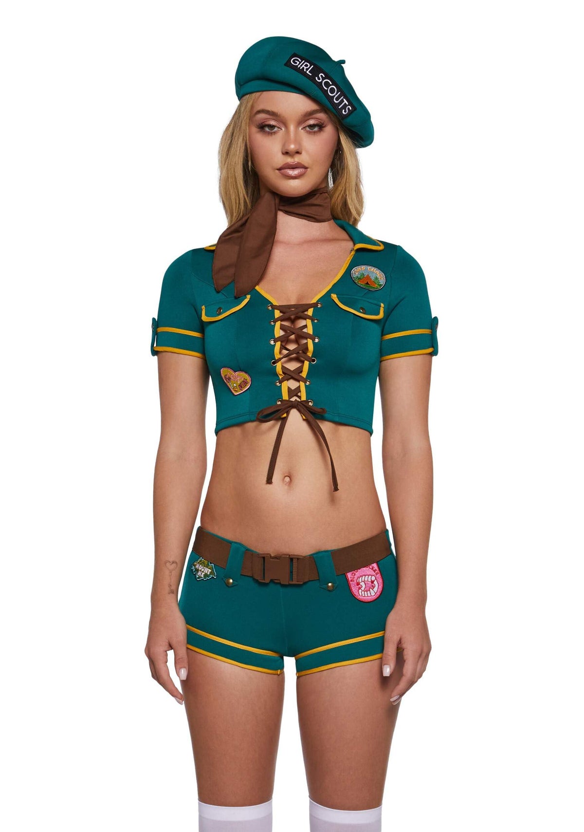 Dolls Kill Women’s Scout Girl Costume by Trickz N’ Treatz – Halloween Party Outfit with Lace-Up Top, Shorts, Belt & Beret Hat, Green, XX-Small