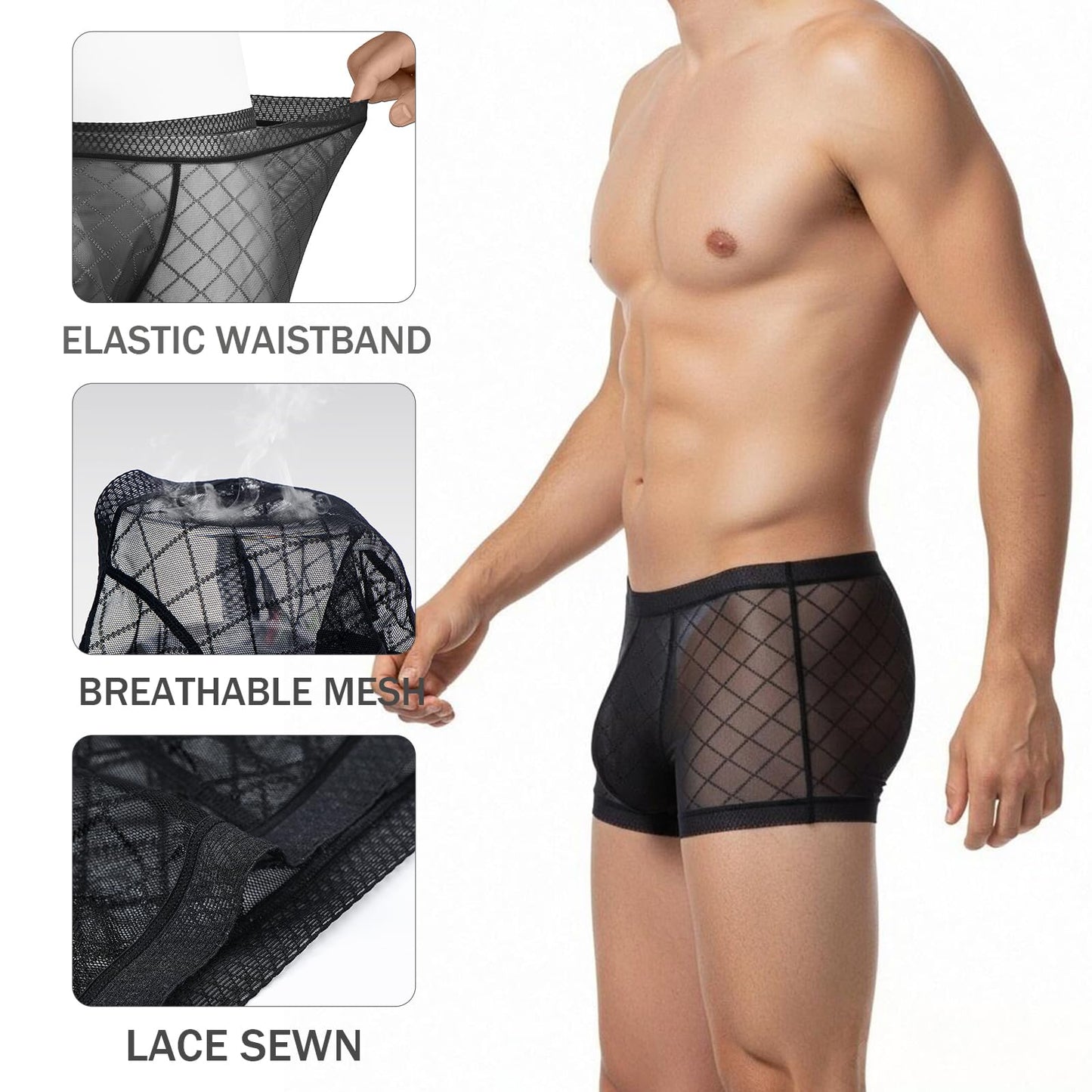 YINYOUYU Mens See Through Boxers Sexy Mesh Lace Trunk Underwear Seamless Thin Bulge Pouch Boxer Briefs M Black