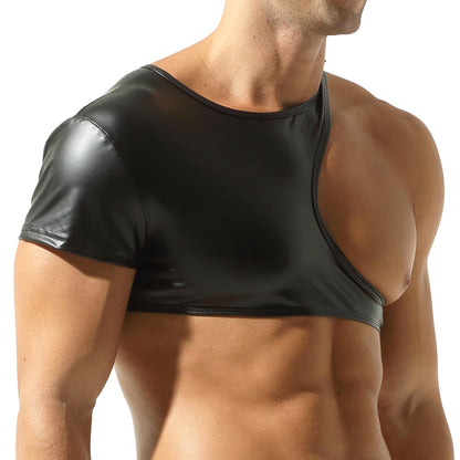 Mens Leather Crop Tops Sexy Sleeveless Muscle Half Tank Tops for Nightclub Party
