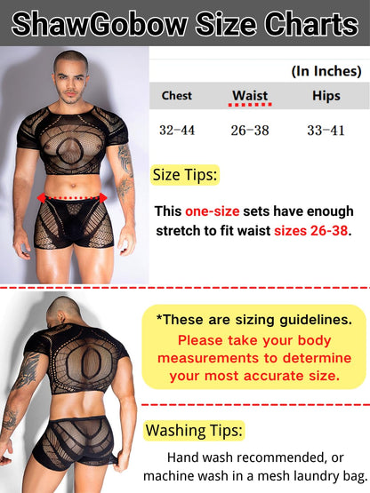 ShawGobow Mesh Crop Tops For Men,Short Sleeve Hollow Out Sheer Fishnet Sexy Top And Shorts Set,2 Piece Rave Outfits Date Night Club Exotic Dancewear Black One Size Fits All