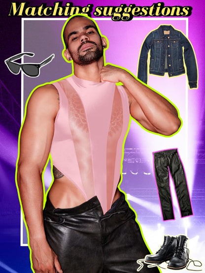 Mens Sexy Lingerie, Hook Crotch Thong High Cut Bodysuit Top Rave Outfit, Glossy Mock Neck Sheer Singlet Muscle Suit Pink Leather X-Small-Small