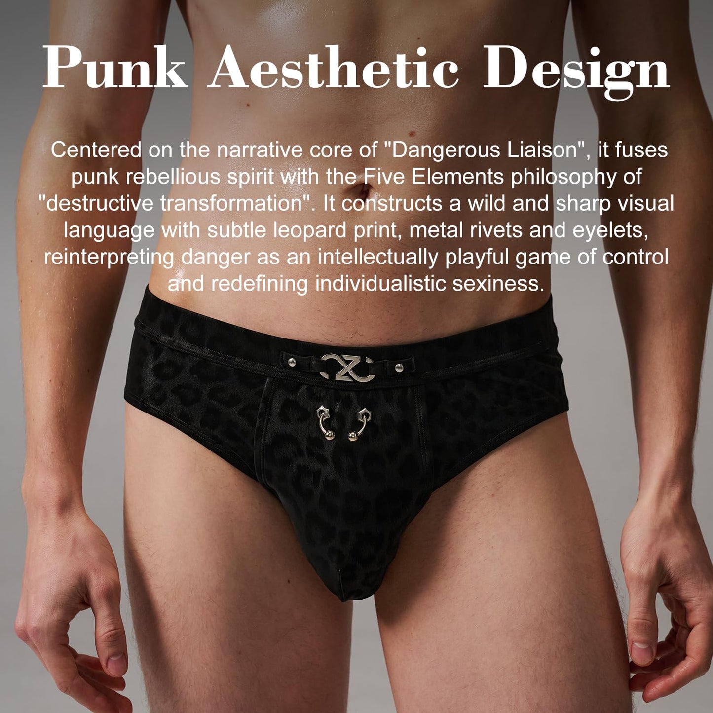 BSZN Men's Sexy Briefs, Black Leopard Print Punk Style Detachable Logo Rivet Eyelet DIY Mid Rise Stretch Sexy Lingerie from D-Dangerous Game Collection