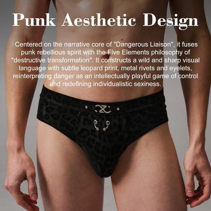 BSZN Men's Sexy Briefs, Black Leopard Print Punk Style Detachable Logo Rivet Eyelet DIY Mid Rise Stretch Sexy Lingerie from D-Dangerous Game Collection