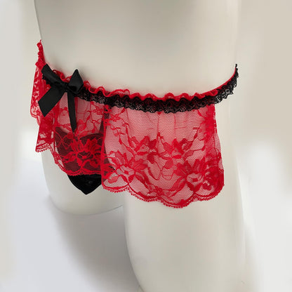 Men's Lace Panties Skirted Sissy Underwear For Men Sexy Lingerie Femboy (US, Alpha, One Size, Regular, Regular, Red)