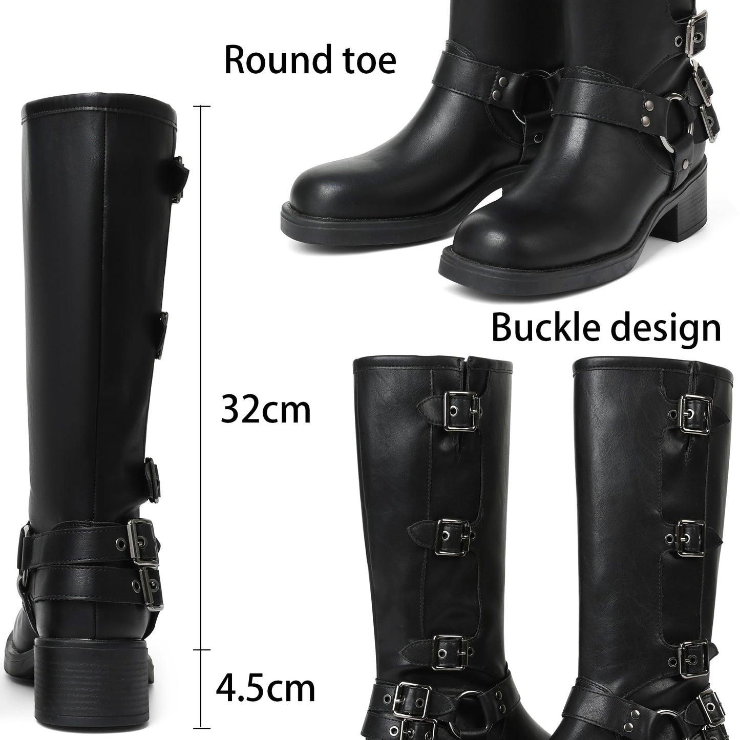 Black boots for women knee high Moto Buckle Tall Boots Size 8.5