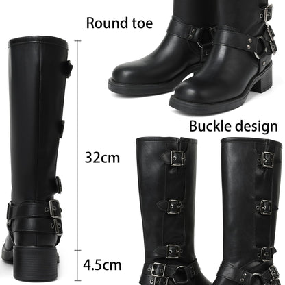 Black boots for women knee high Moto Buckle Tall Boots Size 8.5