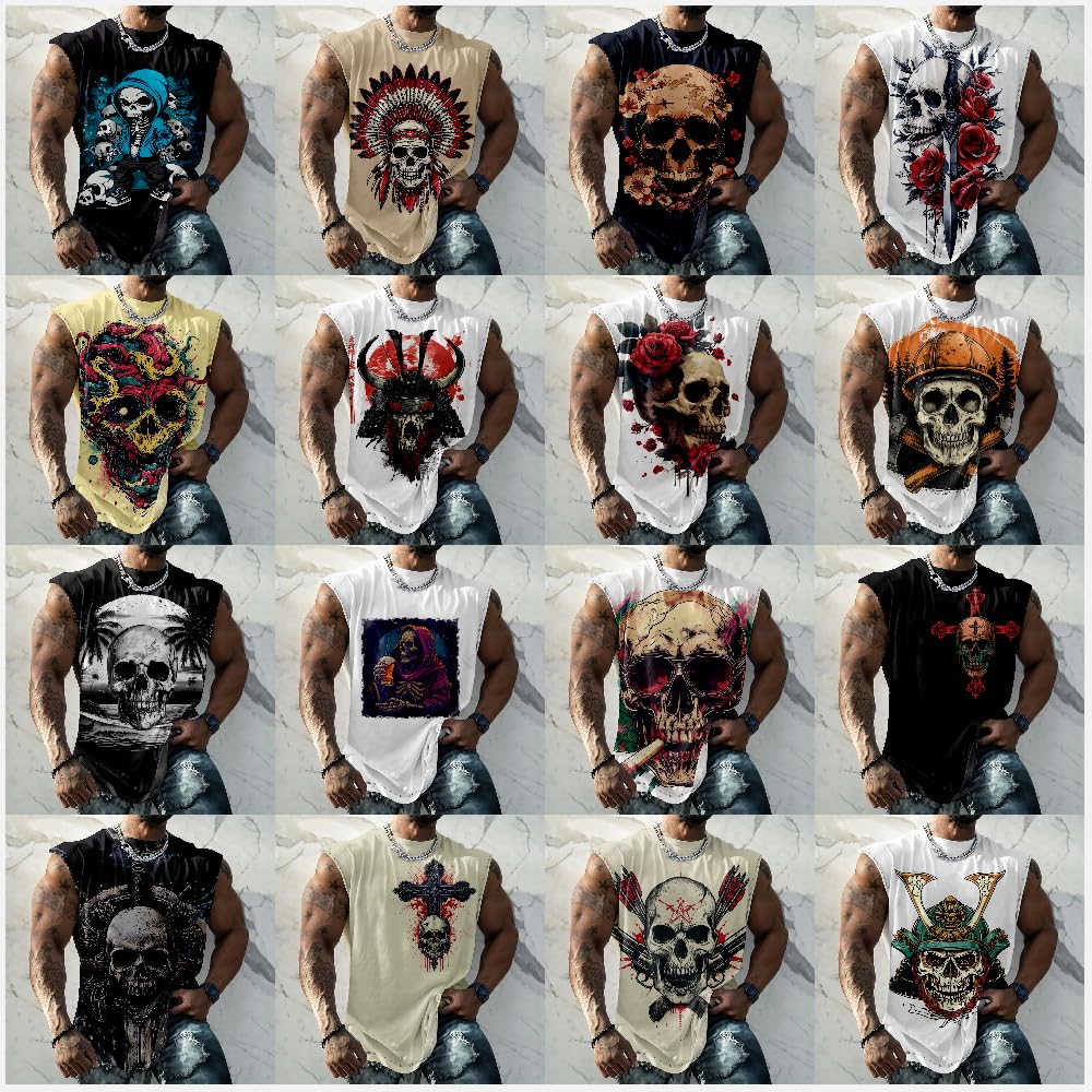 Spatofa Mens Skull Tank Tops Summer 3D Printed Graphic Big and Tall Sleeveless Crew Neck Men's Muscle T-Shirts Cotton Top,Skull 26,S