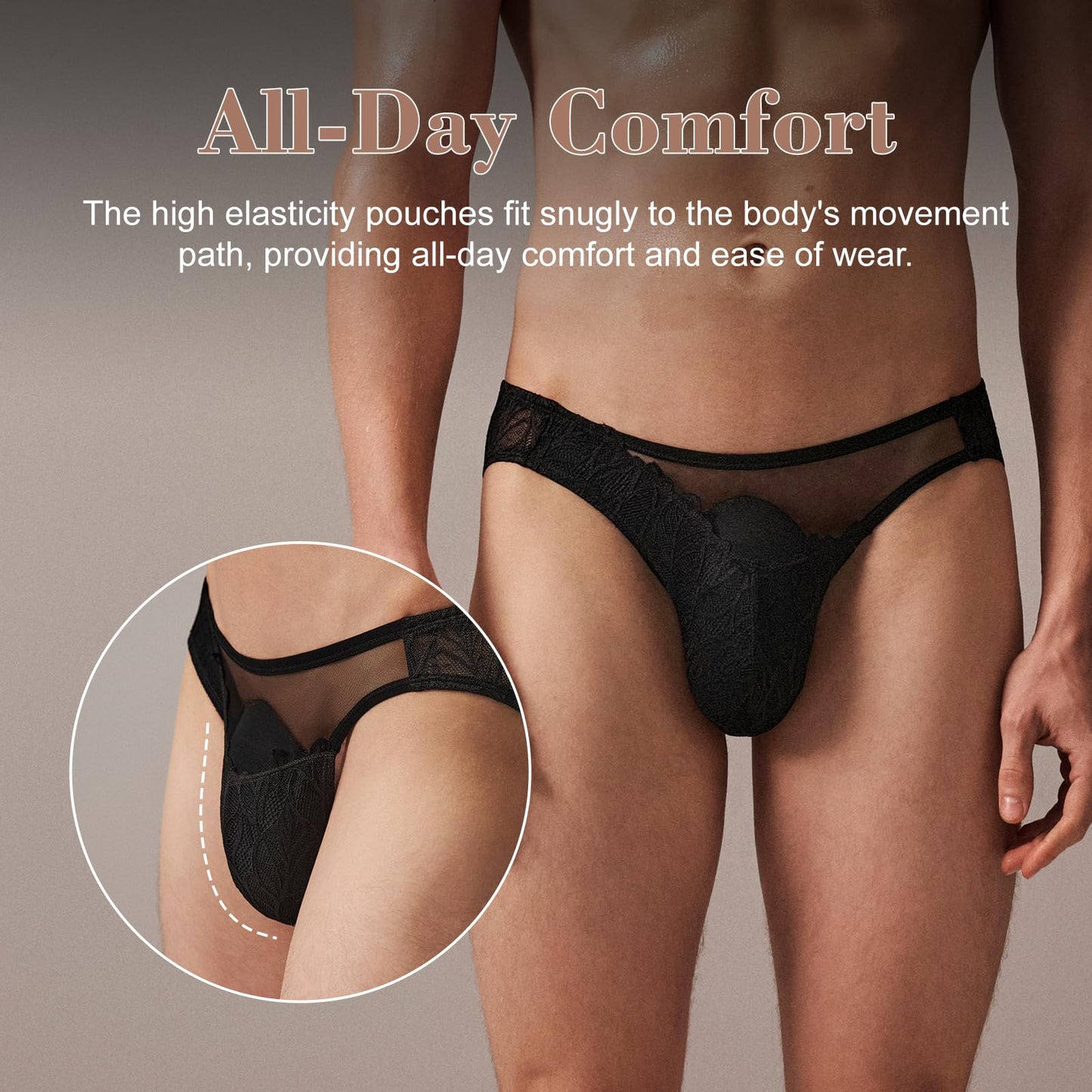 BSZN Men's Sexy Briefs, Black Mesh Lace Neutral Plant Vein Low Rise Ruched Back Sheer Semi Transparent Sexy Lingerie from L-Lace Imprint Collection