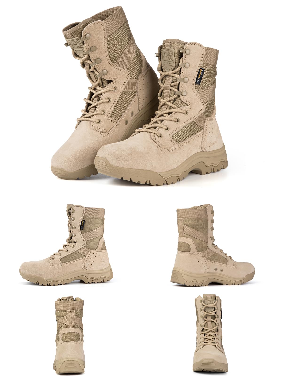 FREE SOLDIER Men's Tactical Boots 8 Inches Lightweight Combat Boot Durable Suede Leather Military Work Boots Desert Boot (Tan, 10.5)