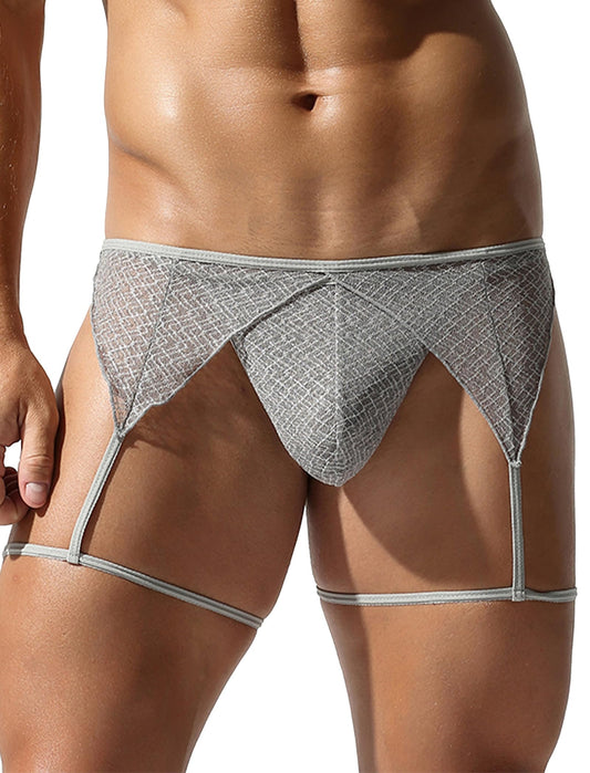 Men's Sissy Lingerie Sheer Mesh G-string Thong Lace Panties with Garter Band Crossdresser Underwear Light Gray Medium
