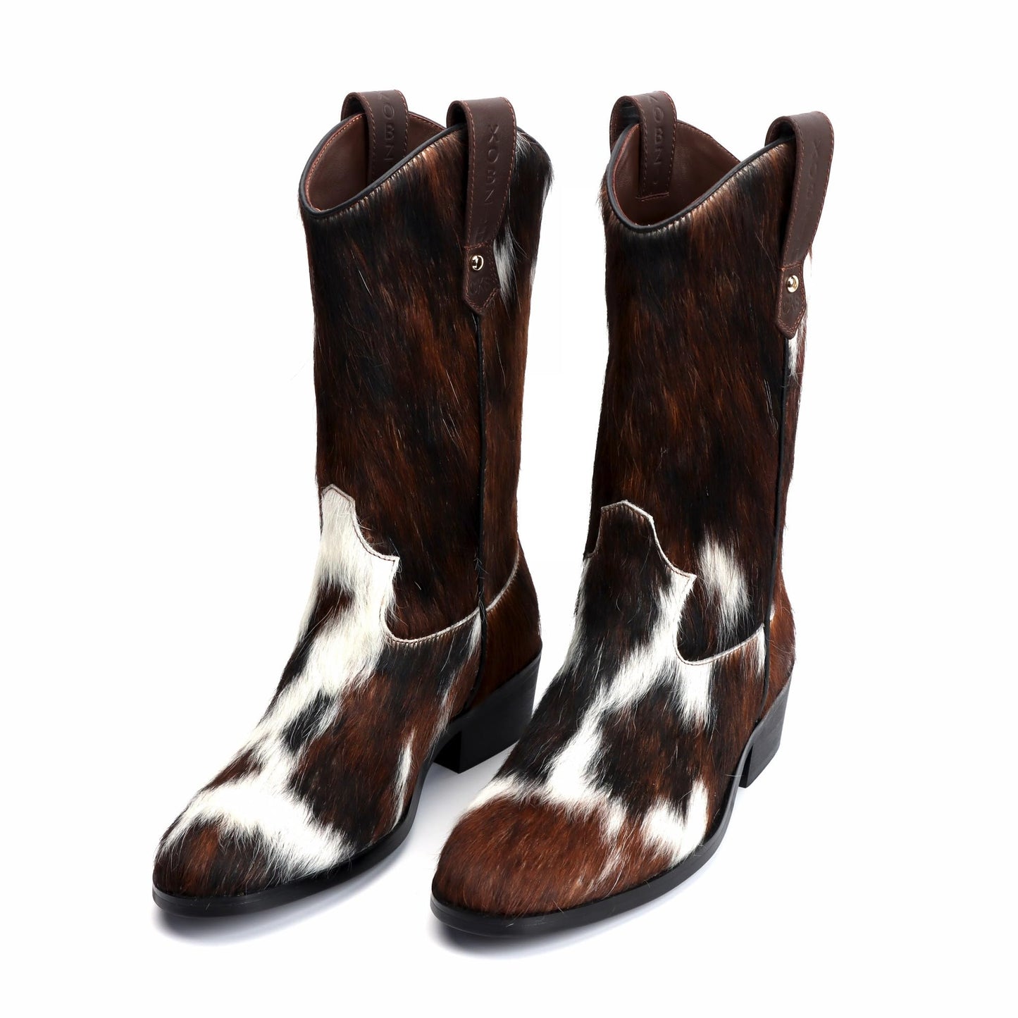 XOBZJH Women's Western Cowboy Boots – Genuine Tricolor Cowhide Leather Tall Cowgirl Boots, Mid-Calf Western Brown Boots for Women, Festival & Fall Fashion