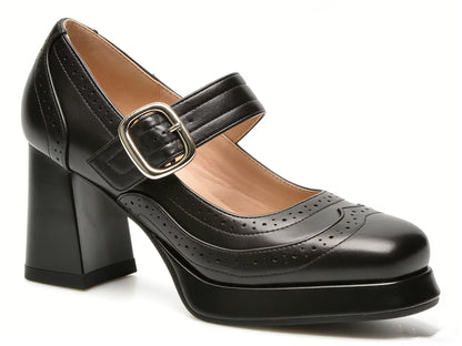 Platform Mary Jane Heels for Women Chunky Low Block Heels Patent Mary Jane Round Toe Pumps with Buckle Strap Retro Fashion Closed Toe Dress Shoes
