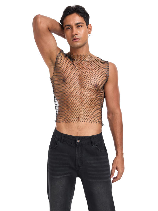 CYCLAMEN Rhinestone Mens Tank Tops Fishnet Sparkly Diamond Sleeveless Shirt See Through Festival Sexy Outfits Rave Party, Black, One Size