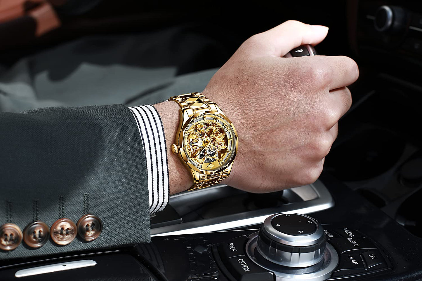 OUPINKE Men's Gold Skeleton Mechanical Luxury Wrist Watches