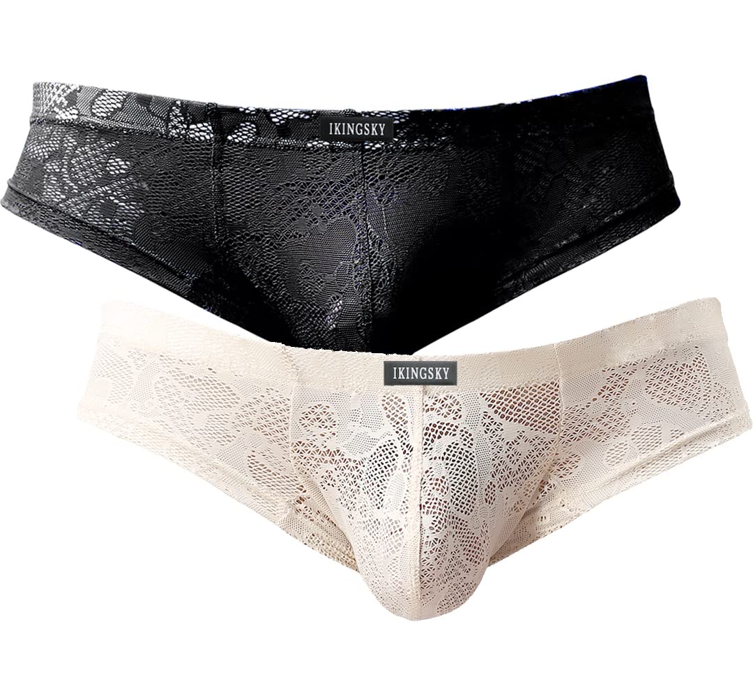 iKingsky Men's Cheeky Boxer Briefs Sexy Thong Underwear Breathable Lace Mens Panties (Small, 2 Pack-B)