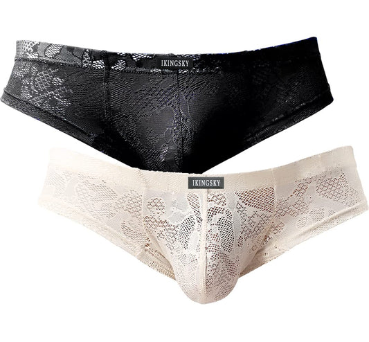 iKingsky Men's Cheeky Boxer Briefs Sexy Thong Underwear Breathable Lace Mens Panties (Small, 2 Pack-B)