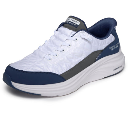 Skechers Men's Contour Foam Cozy Fit Hands Free Slip-in Sneaker,White/Navy,11.5