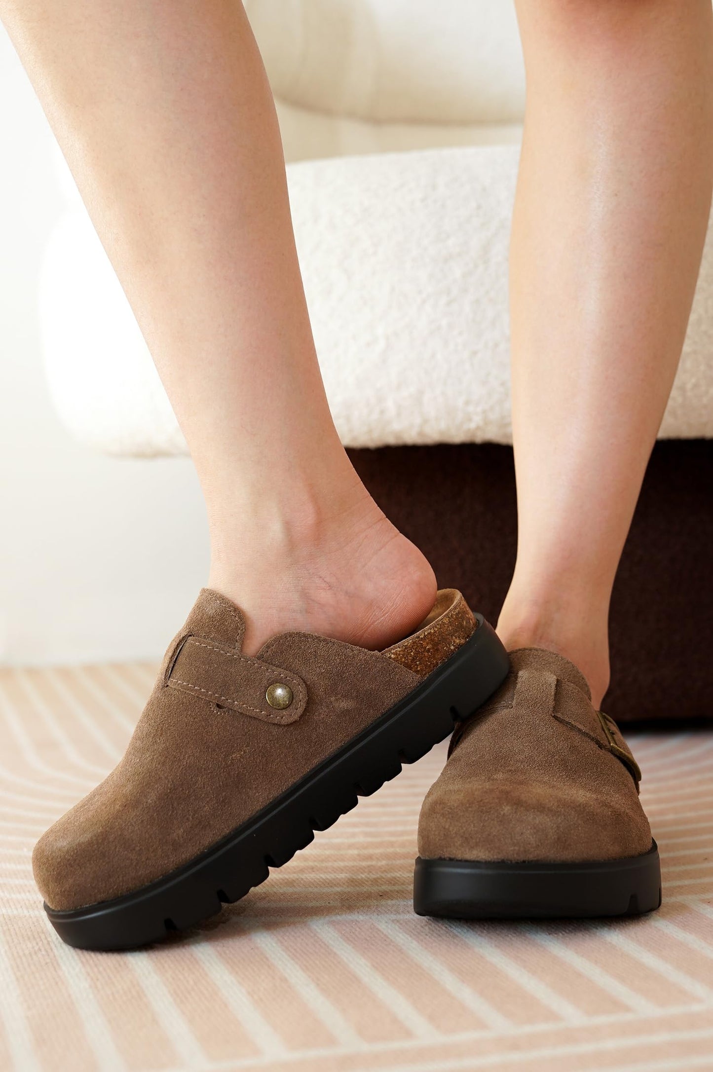 Project Cloud 100% Genuine Leather Platform Clogs for Women Footwear - Memory Foam Arch Support Cork Footbed Casual Shoes & Mules for Women 2026 (BentonChunky, CACAOSUEDE,6)