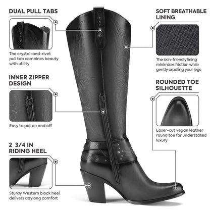 Cowboy Boots for Women, Cowgirl Boots Knee High, Ladies Tall Western Boots Rounded Toe Chunky Heel Pull on Zipper for Country Concert Party Women Boots Black Size 9
