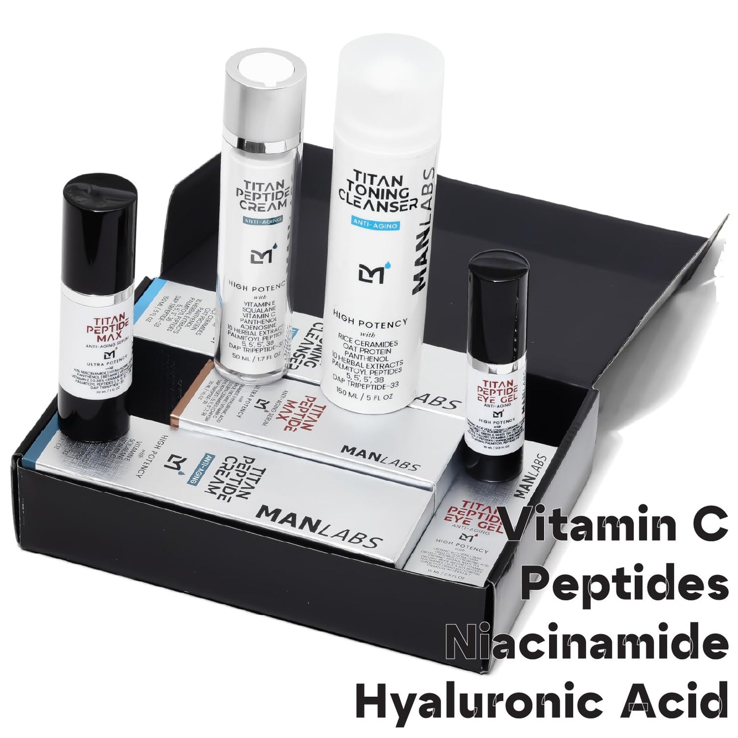 Man Labs Titan Peptide 4-Piece Anti-Aging Mens Skin Care Kit –Mens Face Serum, Eye Cream, Men Face Moisturizer, Wash –Skin Care Men –Dark Circles, Wrinkles, Spots –Vitamin C, Niacinamide, HA Unscented