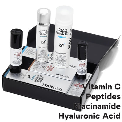 Man Labs Titan Peptide 4-Piece Anti-Aging Mens Skin Care Kit –Mens Face Serum, Eye Cream, Men Face Moisturizer, Wash –Skin Care Men –Dark Circles, Wrinkles, Spots –Vitamin C, Niacinamide, HA Unscented
