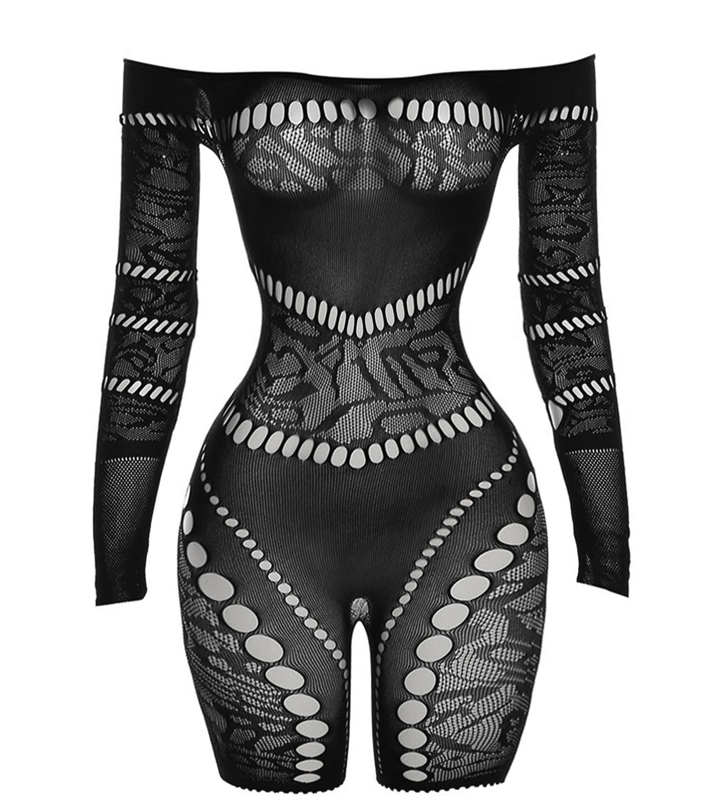 Sesiwadbe Woman Lingerie Bodysuit Fishnet Bodystocking Sexy Bodycon Jumpsuit (BlackV,M)