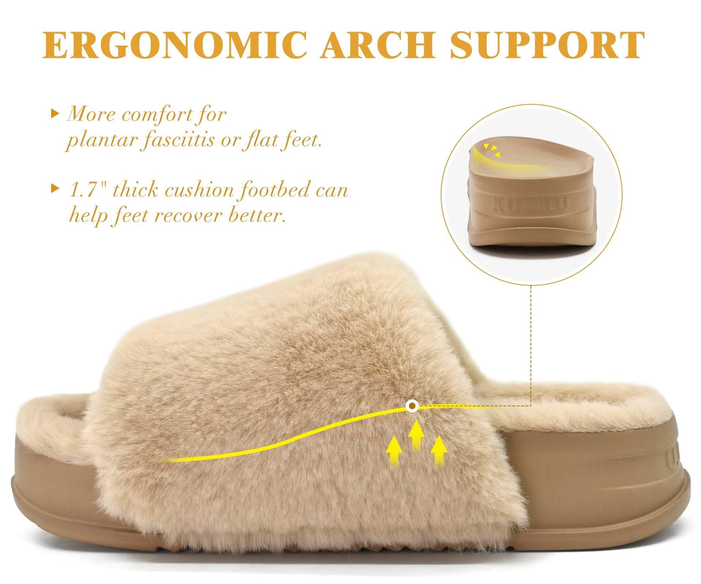 KuaiLu Womens Fuzzy Platform Open Toe Slipper with Arch Support Fluffy Furry Slides Orthotic Faux Rabbit Fur Sandal Indoor Outdoor Beige Size 9
