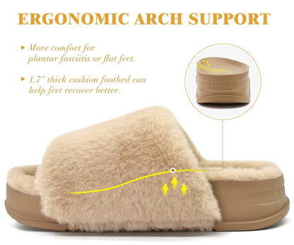 KuaiLu Womens Fuzzy Platform Open Toe Slipper with Arch Support Fluffy Furry Slides Orthotic Faux Rabbit Fur Sandal Indoor Outdoor Beige Size 9