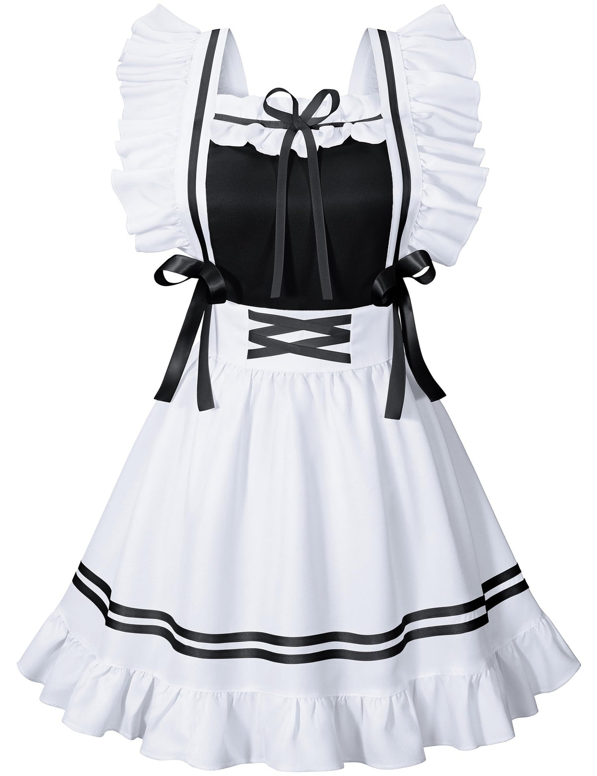Classic French Maid Costume Apron Fancy Dress Cosplay Outfit Headwear Gloves Socks Set(BK S)
