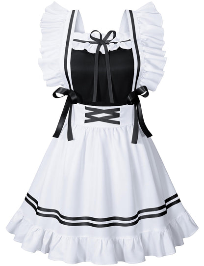 Classic French Maid Costume Apron Fancy Dress Cosplay Outfit Headwear Gloves Socks Set(BK S)