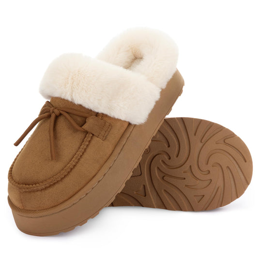 RockDove Women's Microsuede Moc Toe Platform Memory Foam Slipper with Indoor/Oudoor sole, Size 8 US Women, Chestnut