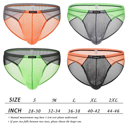 Men’s Sheer Mesh Briefs -  Transparent Bulge Pouch Bikini Underwear See Through Striped Ultra-Thin Sexy Panties XL