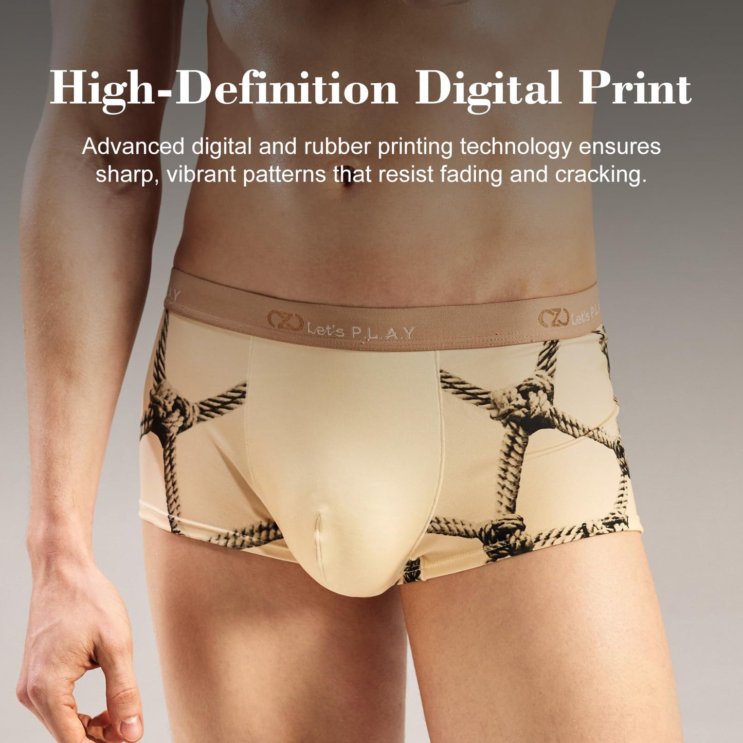 BSZN Men's Sexy Boxer Briefs, Beige Rope Shibari Print Devil Tail Back Mid Rise Ultra Soft Thin Sexy Lingerie