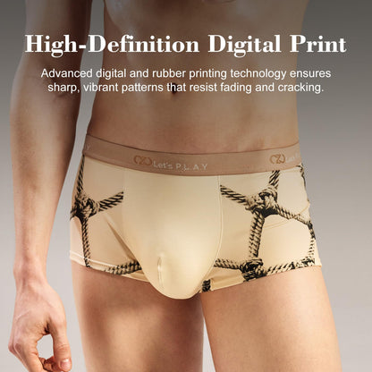 BSZN Men's Sexy Boxer Briefs, Beige Rope Shibari Print Devil Tail Back Mid Rise Ultra Soft Thin Sexy Lingerie