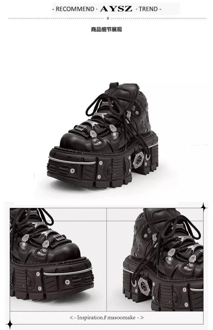 PU Leather Y2K Grunge Punk Platform Height Increase Derby Shoes for Men Casual Streetwear Mixed Color Thick Sole Sneakers with Skull Metal Accent Design (12,Black)