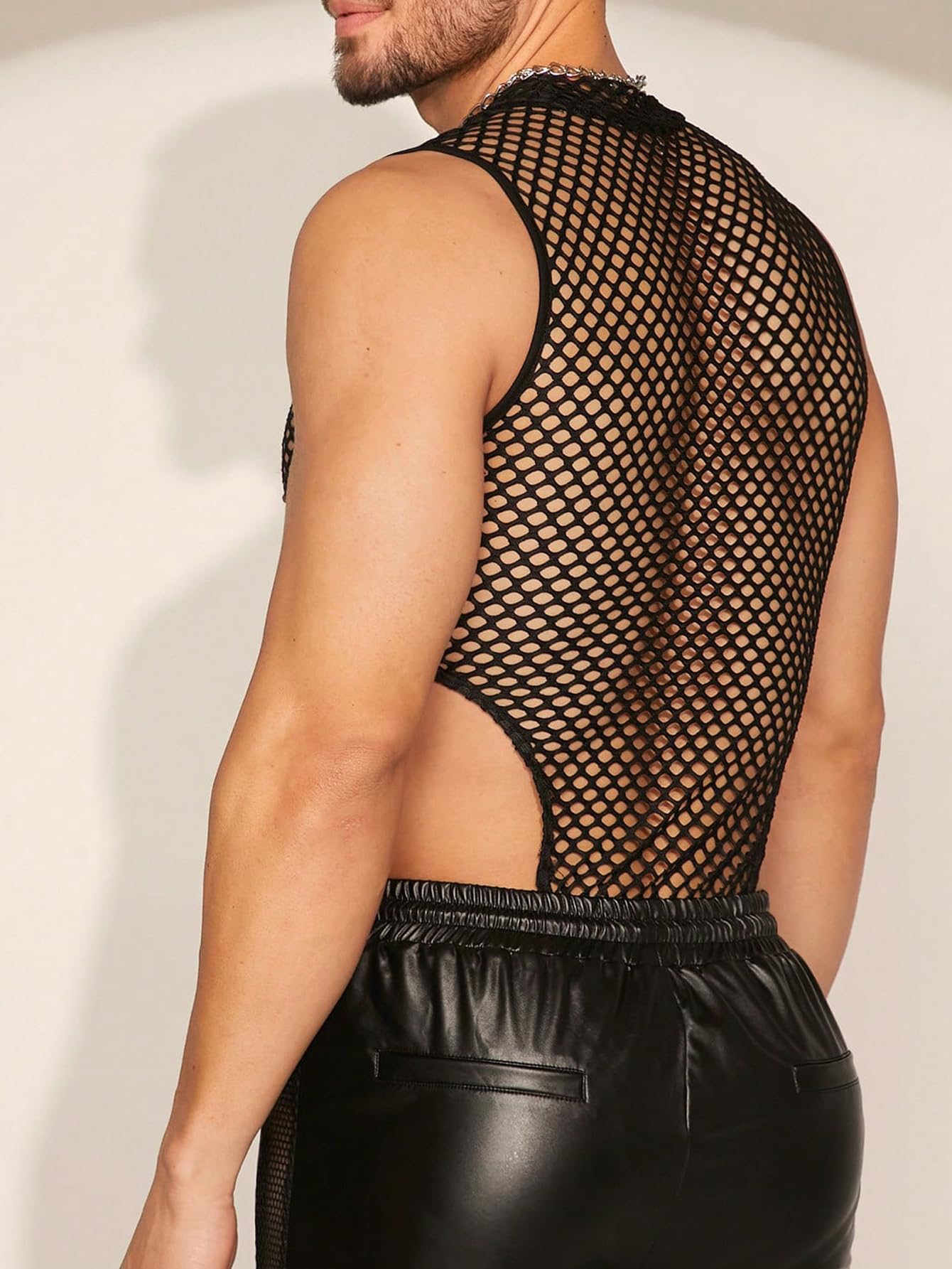 WDIRARA Men's Fishnet Mesh Mock Neck Vest Top Sleeveless Sheer Party Tank Tops Bodysuit Black Medium