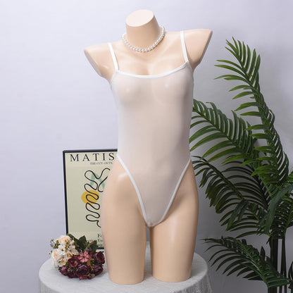 Women's Sheer Mesh Bodysuit Lingerie See Through Teddy High Cut Thong Leotard Sexy Body suit White Large