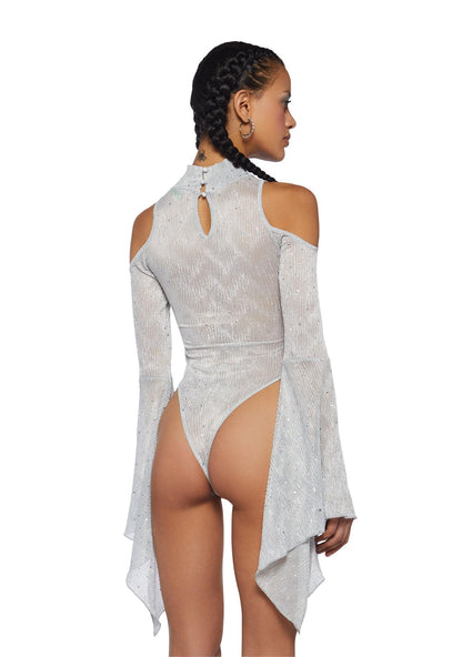 Dolls Kill Transcendent Spectre Sequin Bodysuit by Club Exx – Sheer Micro-Pleated Bodysuit With Rhinestones & Bell Sleeves - White, Medium