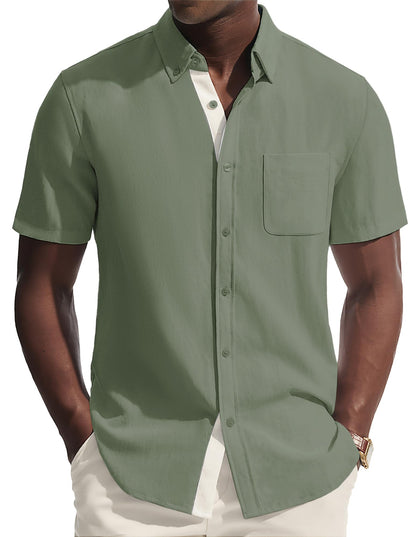 PJ PAUL JONES Mens Button Down Shirt Linen Short Sleeve Dress Shirts for Men Beach Summer Wedding Untucked Shirt