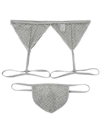 Men's Sissy Lingerie Sheer Mesh G-string Thong Lace Panties with Garter Band Crossdresser Underwear Light Gray Medium