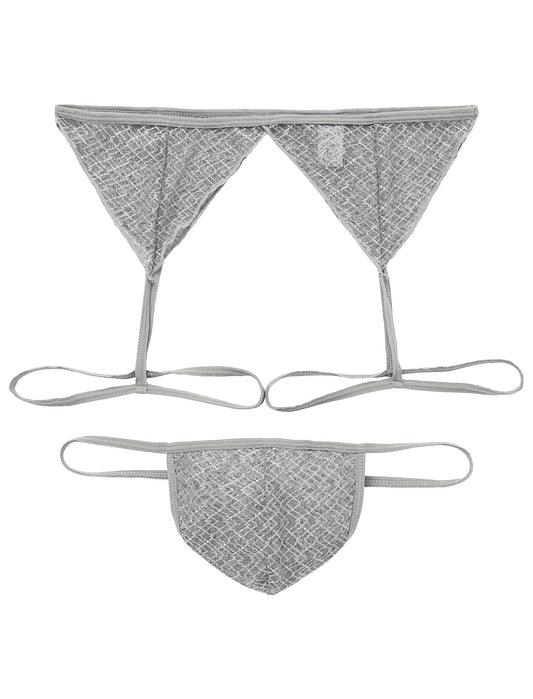 Men's Sissy Lingerie Sheer Mesh G-string Thong Lace Panties with Garter Band Crossdresser Underwear Light Gray Medium