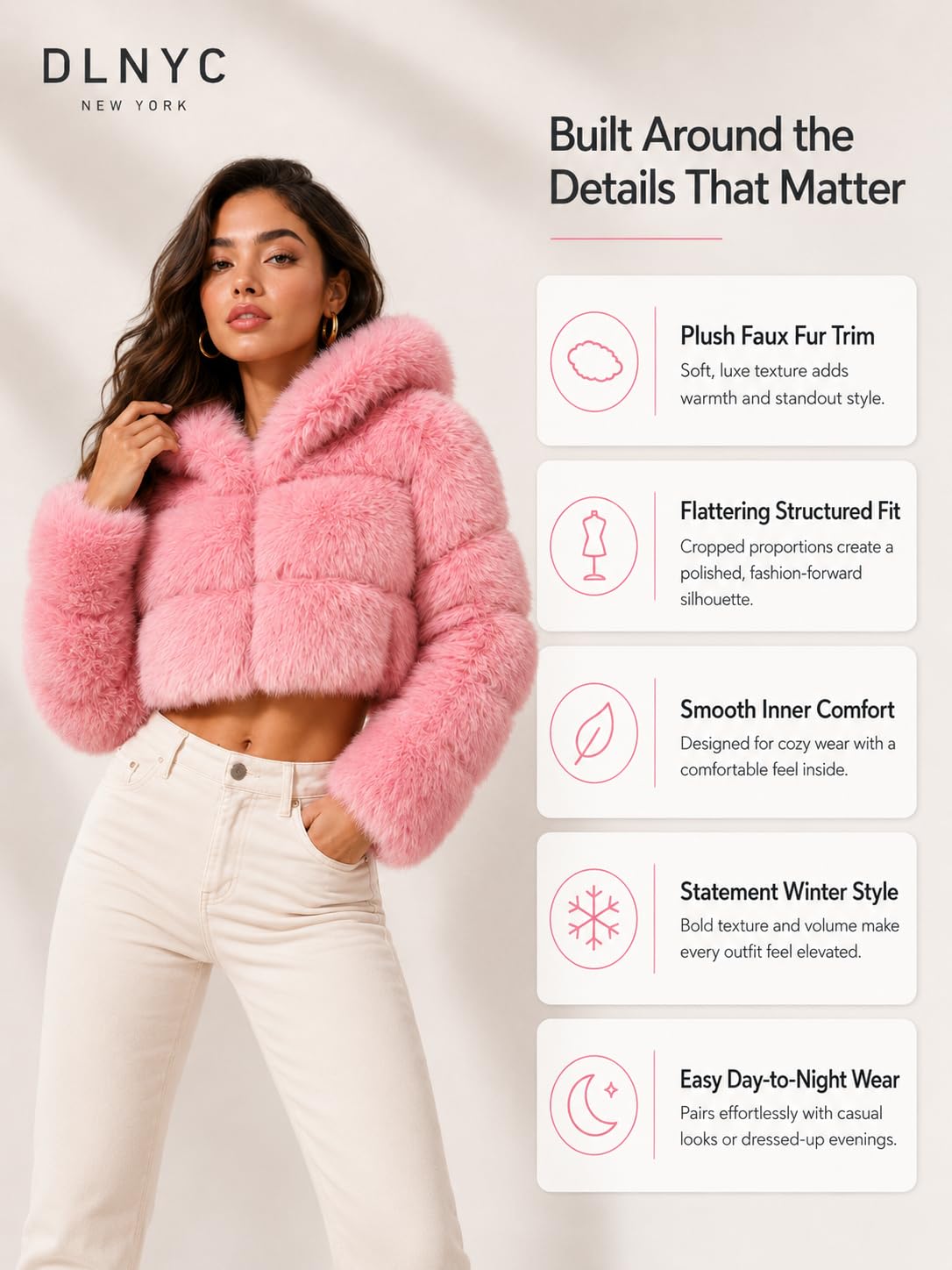 DLNYC Faux Fox Fur Layered Hooded Bolero Faux Fur Cropped Jacket Luxury Spring Fashion Jacket (US, Alpha, Small, Regular, Regular, Baby Pink)