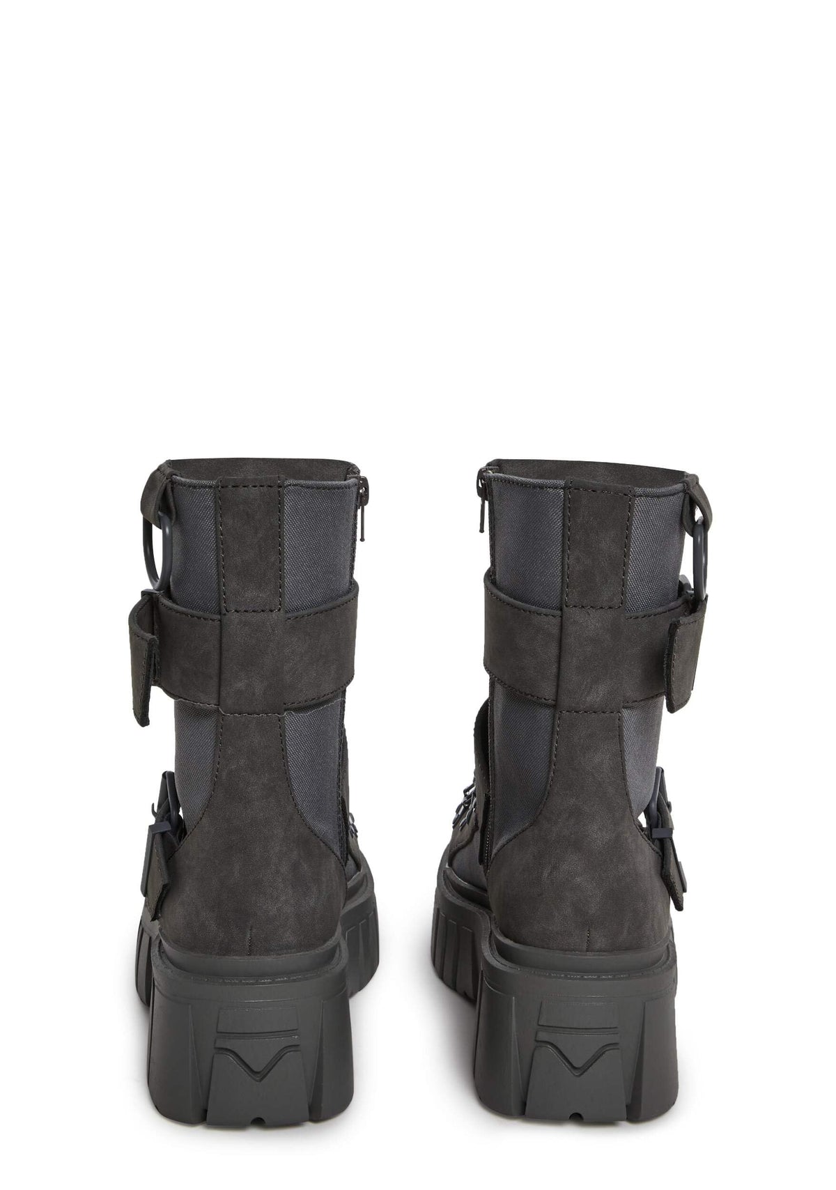 Dolls Kill Low Traitor Boots by Club Exx – Chunky Vegan Leather Boots with Buckles, D-Rings & Side Zipper, Dark Gray, 9