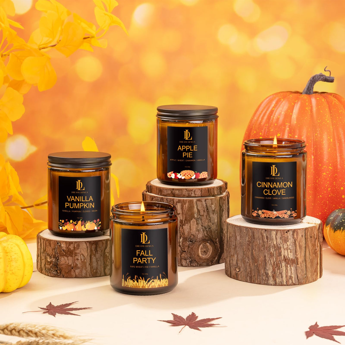 DL DREAMY DEWLA Fall Candles Set for Home Scented, 4 Pack 28oz, Soy Wax